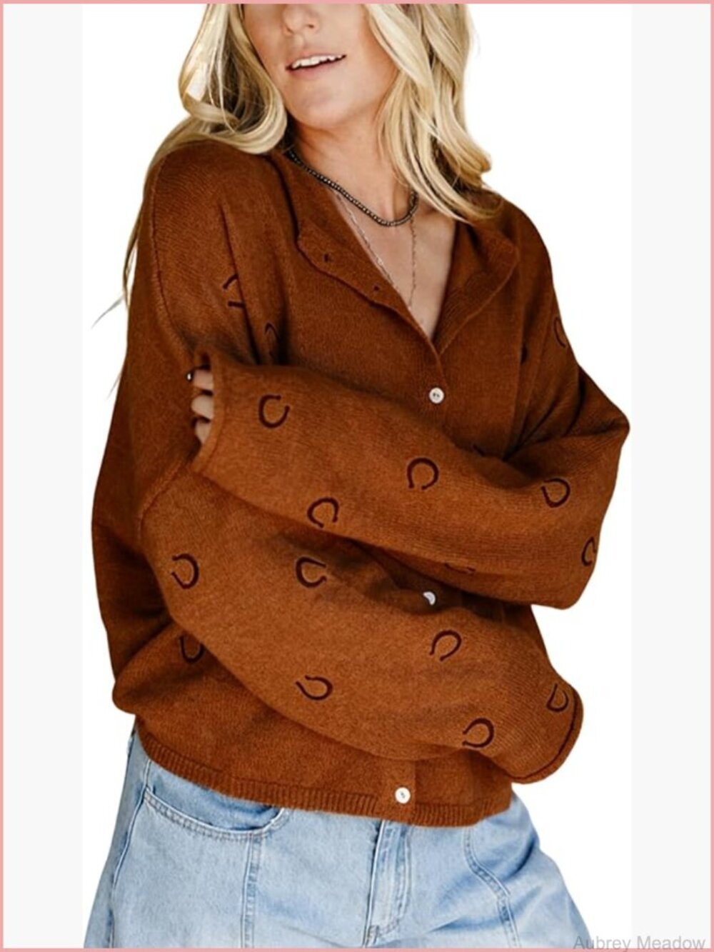 Women's Casual Long Sleeve Cardigan Full Button Closure Horseshoe Embroidery